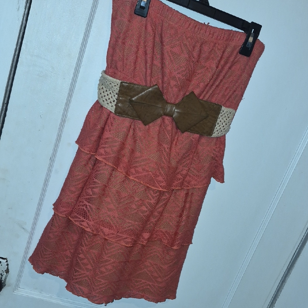 Sm Very Cute Strapless Coral Dress with Brown Belt By Urban Rose